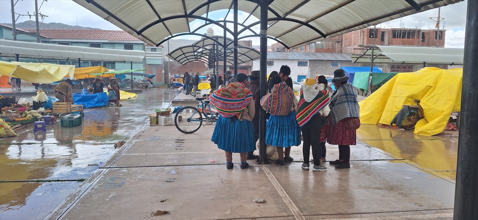 Women in traditional Andean dress at the rainy market in Nuñoa, Puno